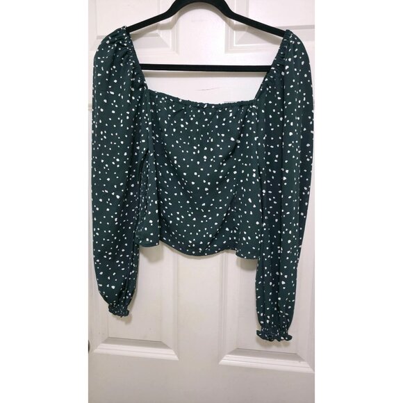 Abercrombie & Fitch Green Polka Dot Smocked Off-Shoulder Blouse With Long Sleeve - Picture 2 of 7